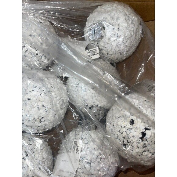 8x Holiday Lane cozy Christmas white flocked sequin Ornament ball - Picture 2 of 2